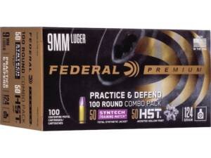 Federal Practice & Defend HST/Syntech Combo Ammunition 9mm Luger 124 Grain Jacketed Hollow Point & Total Synthetic Jacket 500 round