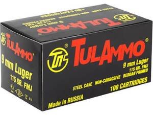TulAmmo Ammunition 9mm Luger 115 Grain Full Metal Jacket (Bi-Metal) Steel Case Berdan Primed