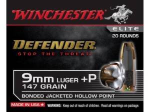 Winchester Defender Ammunition 9mm Luger +P 147 Grain Bonded Jacketed Hollow Point 500 round