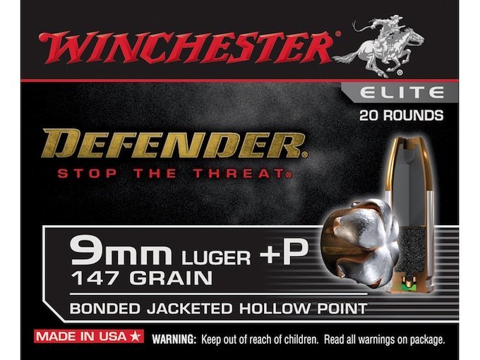Winchester Defender Ammunition 9mm Luger +P 147 Grain Bonded Jacketed Hollow Point 500 round